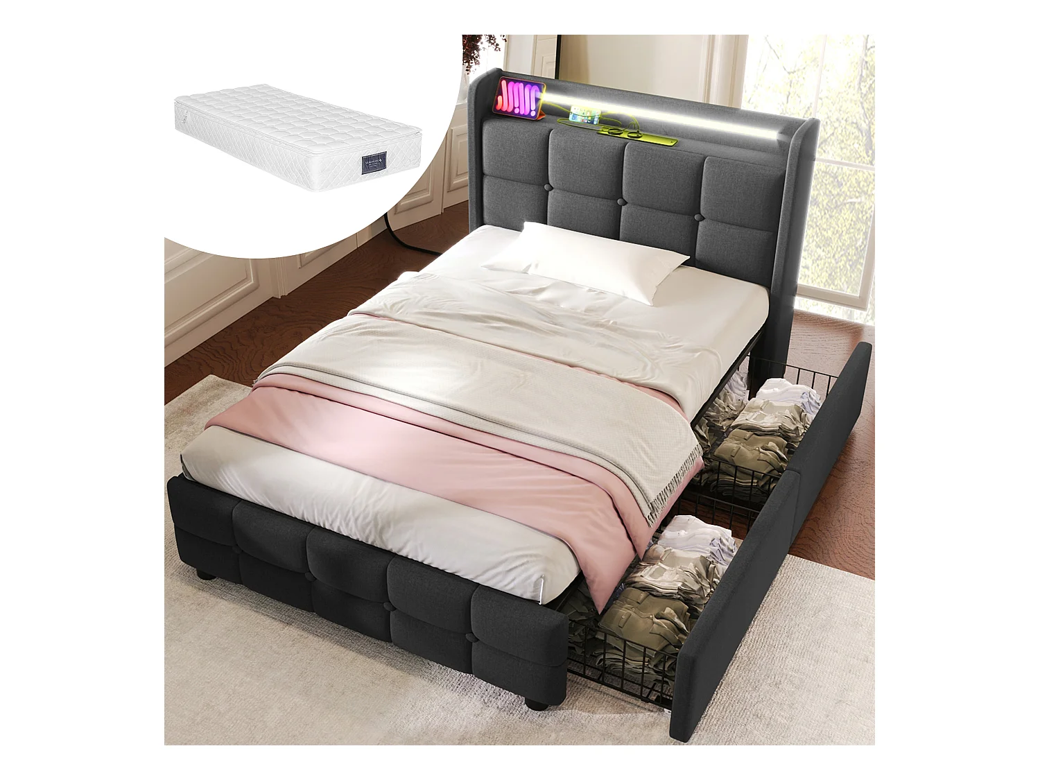 Lit avec Charge USB, Tête de Lit avec Éclairage LED et 2 Tiroirs, Lit Simple 90x200 cm, Tissu Gris, Rangement Hydraulique (220x94.5x103.5 cm)