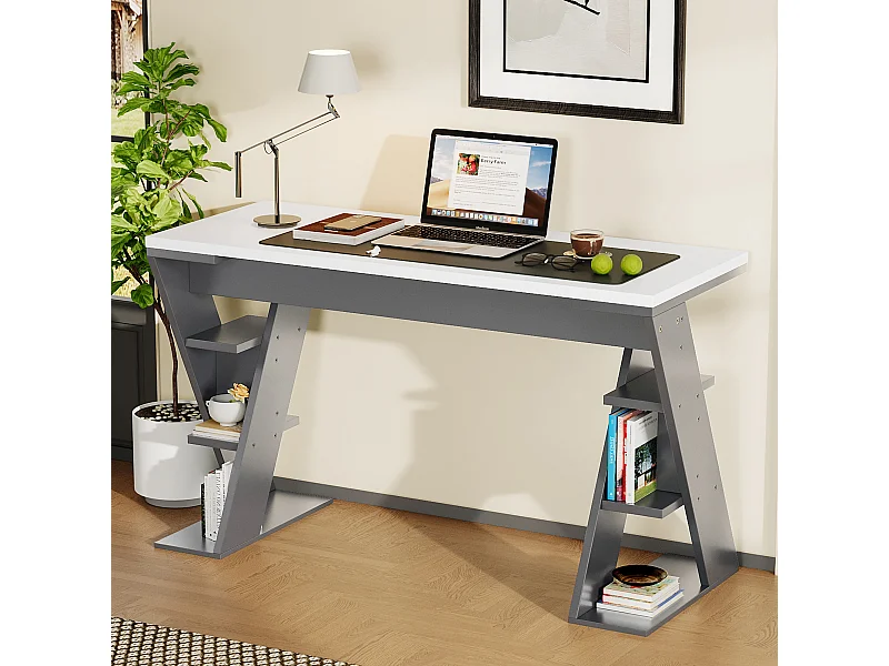 Scrivania con ripiani e design a X, MDF, grigio + bianco (120x50x74 cm)