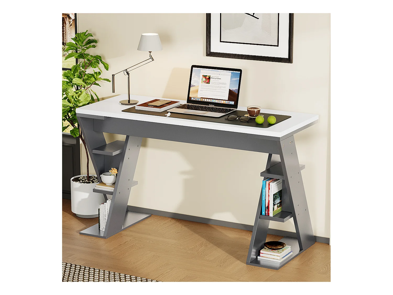 Bureau avec étagères et design X, MDF, gris + blanc (120x50x74 cm)