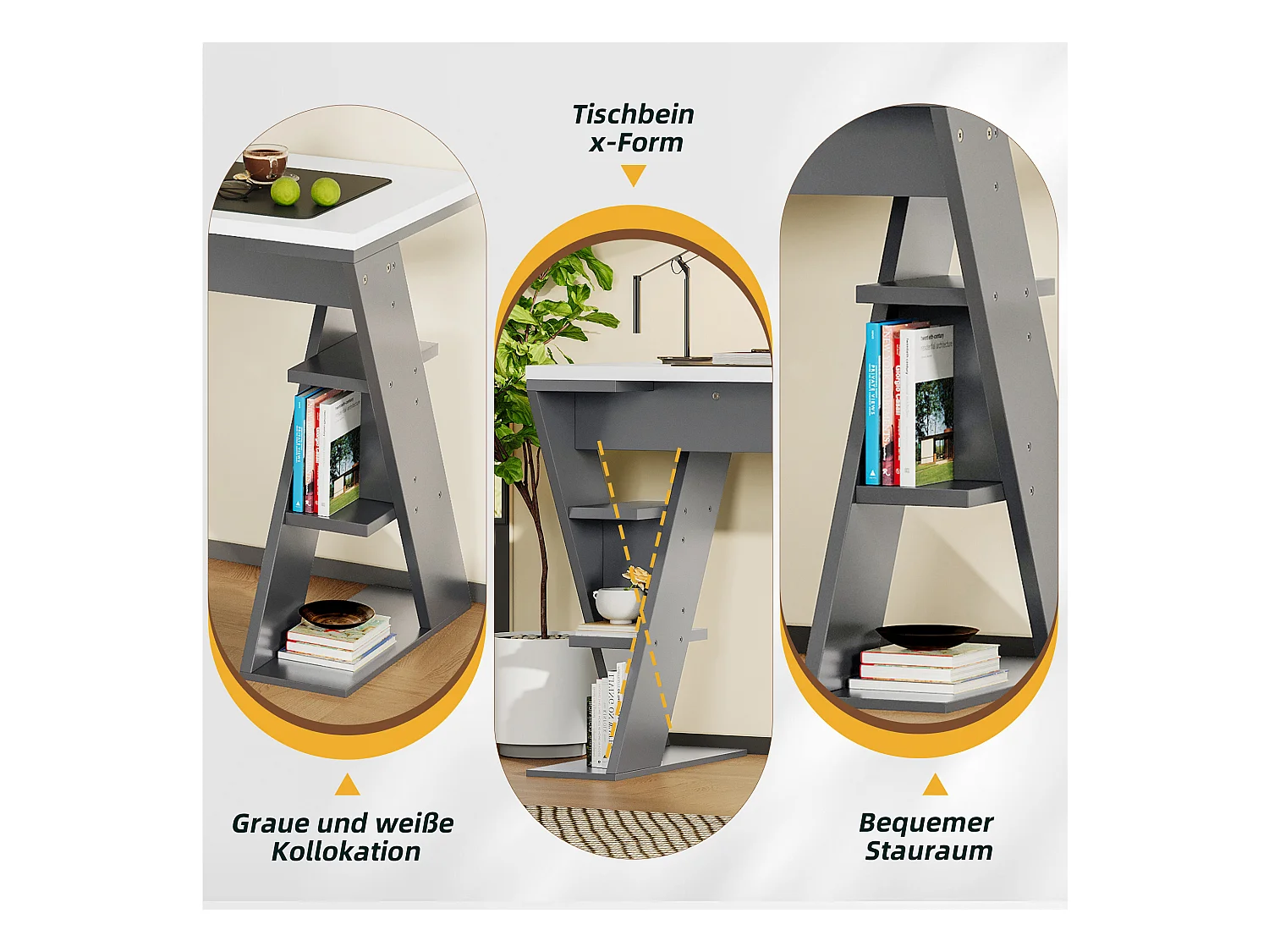 Bureau avec étagères et design X, MDF, gris + blanc (120x50x74 cm)