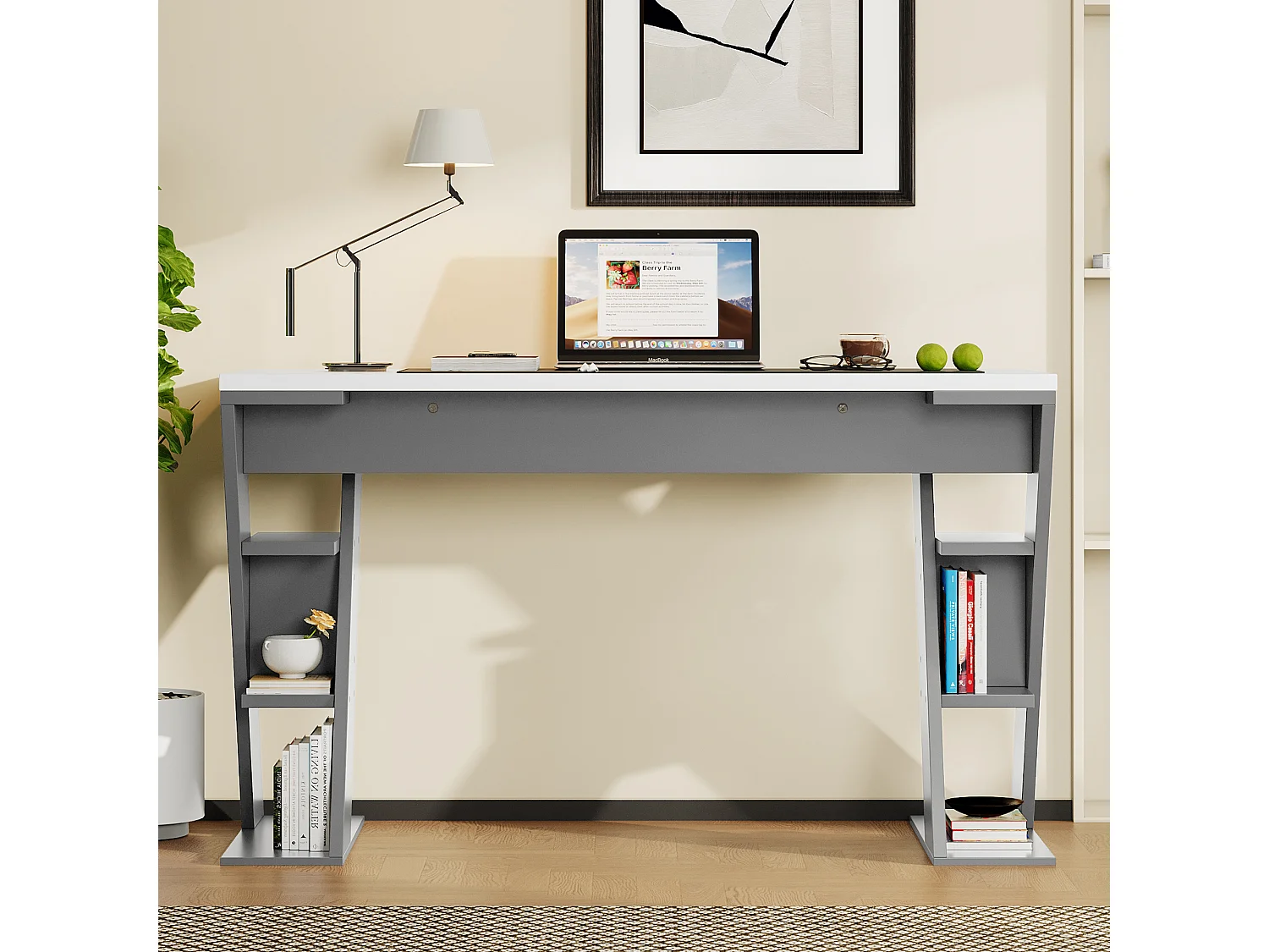 Bureau avec étagères et design X, MDF, gris + blanc (120x50x74 cm)