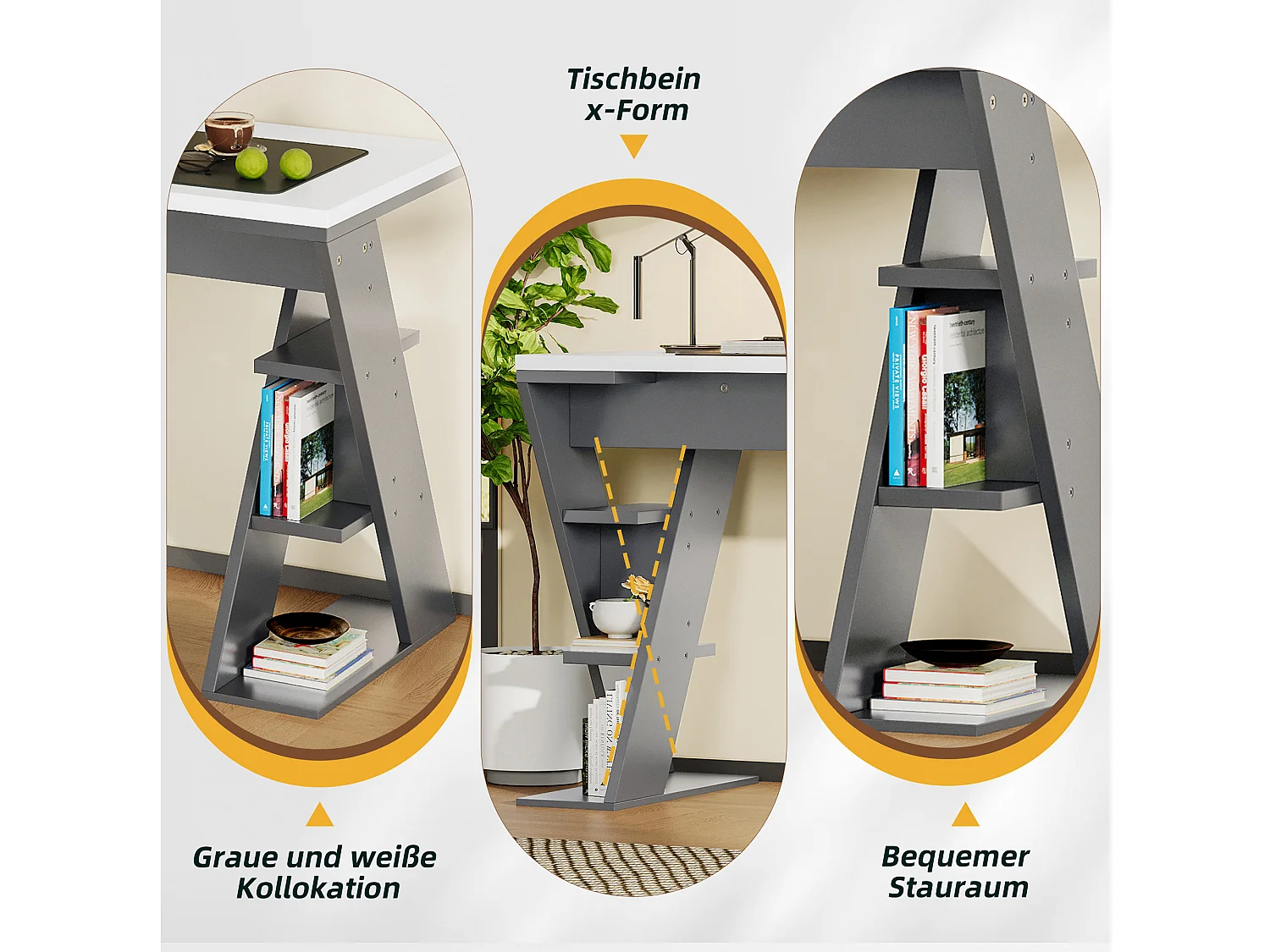 Bureau avec étagères et design X, MDF, gris + blanc (120x50x74 cm)