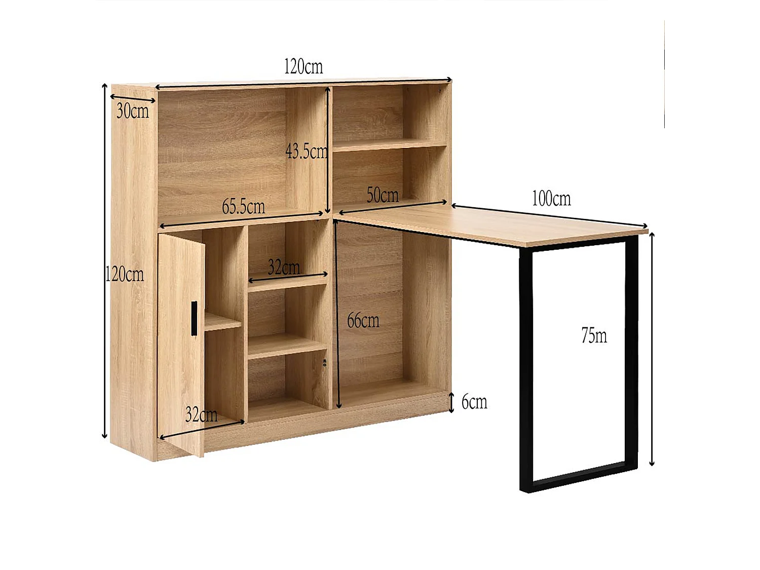 Bureau avec rangement et étagères, design moderne, MDF, naturel (120x50x120 cm)