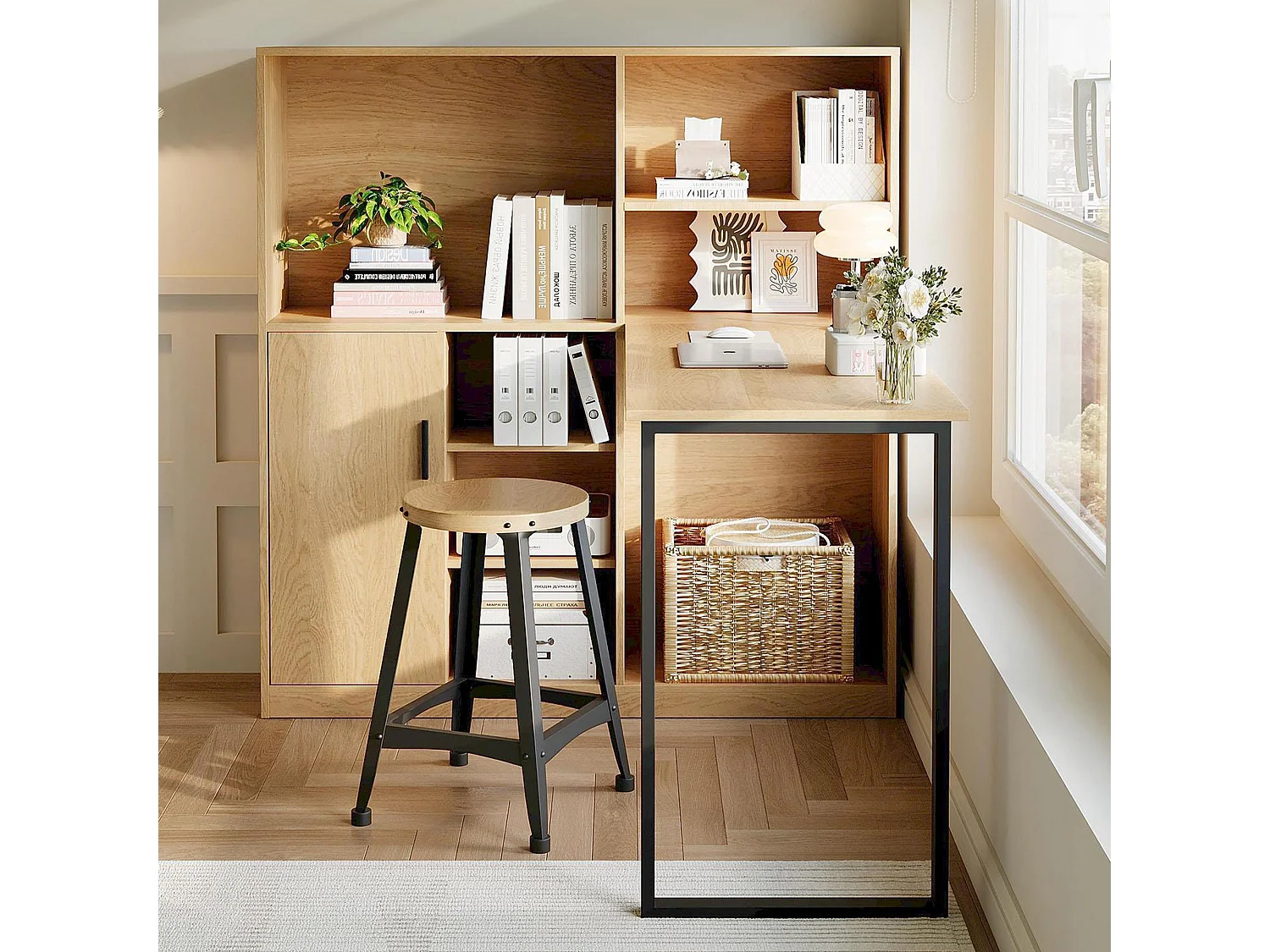 Bureau avec rangement et étagères, design moderne, MDF, naturel (120x50x120 cm)