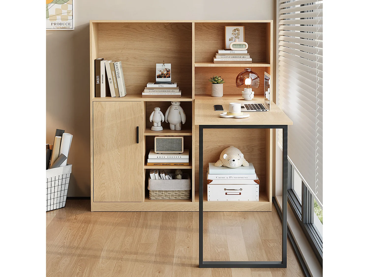 Bureau avec rangement et étagères, design moderne, MDF, naturel (120x50x120 cm)