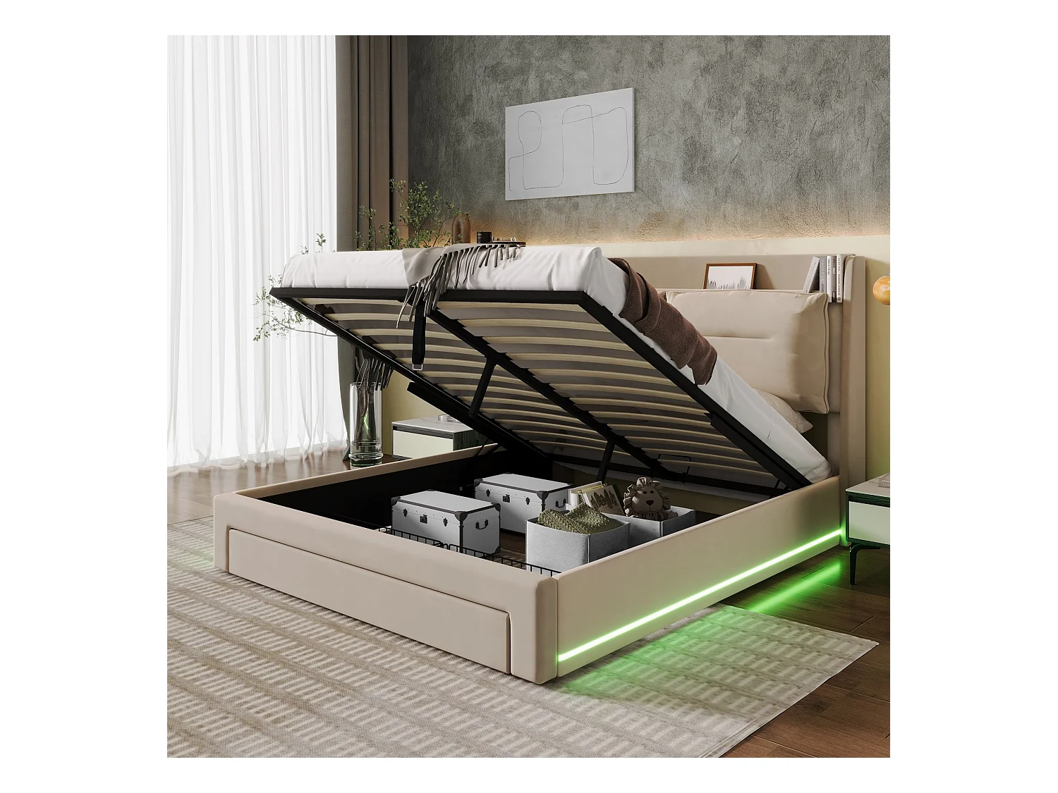 Lit LED avec rangement hydraulique, 2-in-1 tiroirs, velours beige, 140x200 cm (198.7x30.5x18.5 cm)