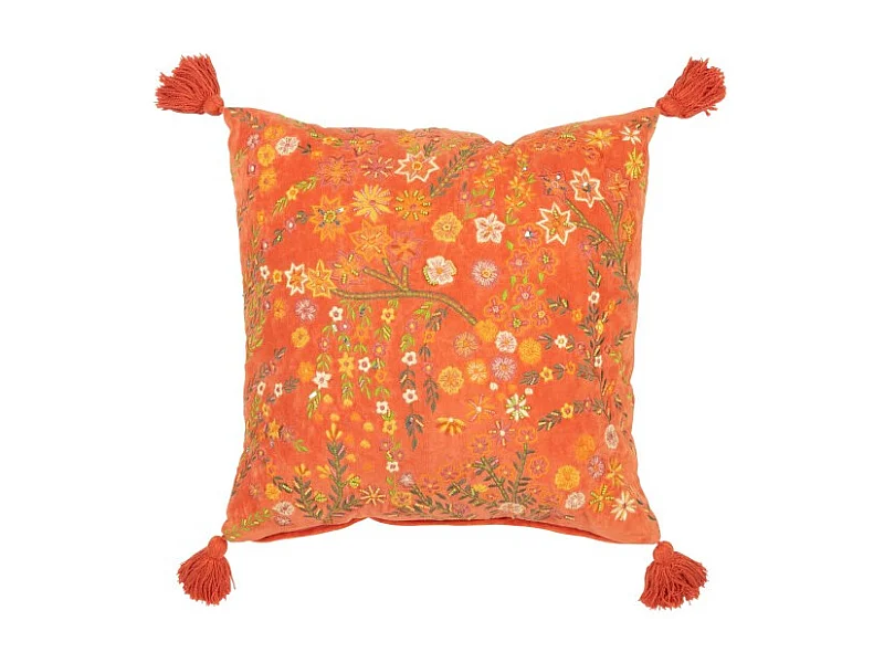 Cojín cuadrado flores+copos en terciopelo naranja 50x50x15 cm