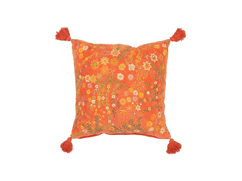 Cojín cuadrado flores+copos en terciopelo naranja 50x50x15 cm