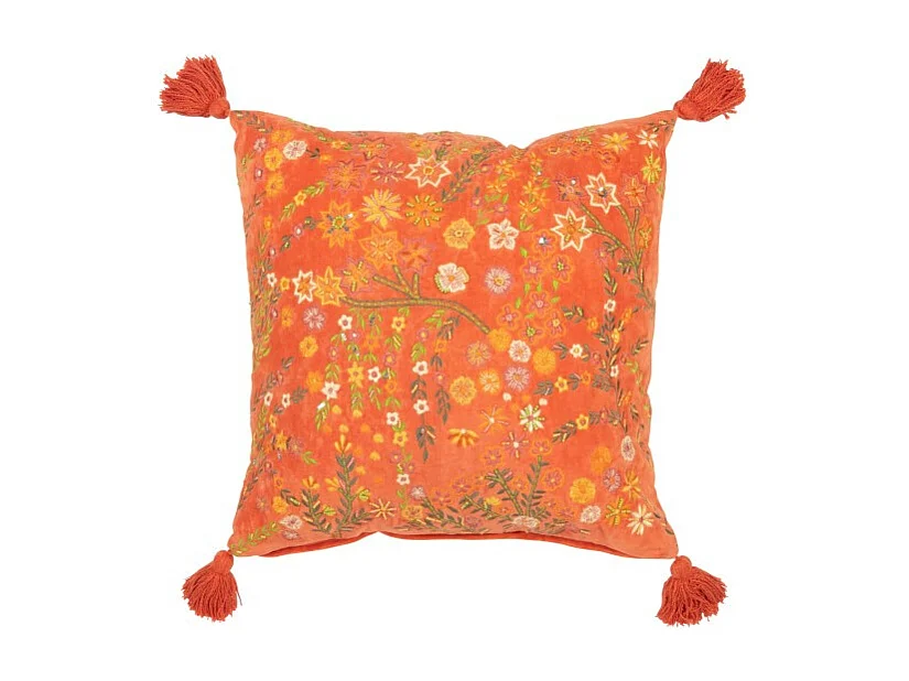 Cojín cuadrado flores+copos en terciopelo naranja 50x50x15 cm