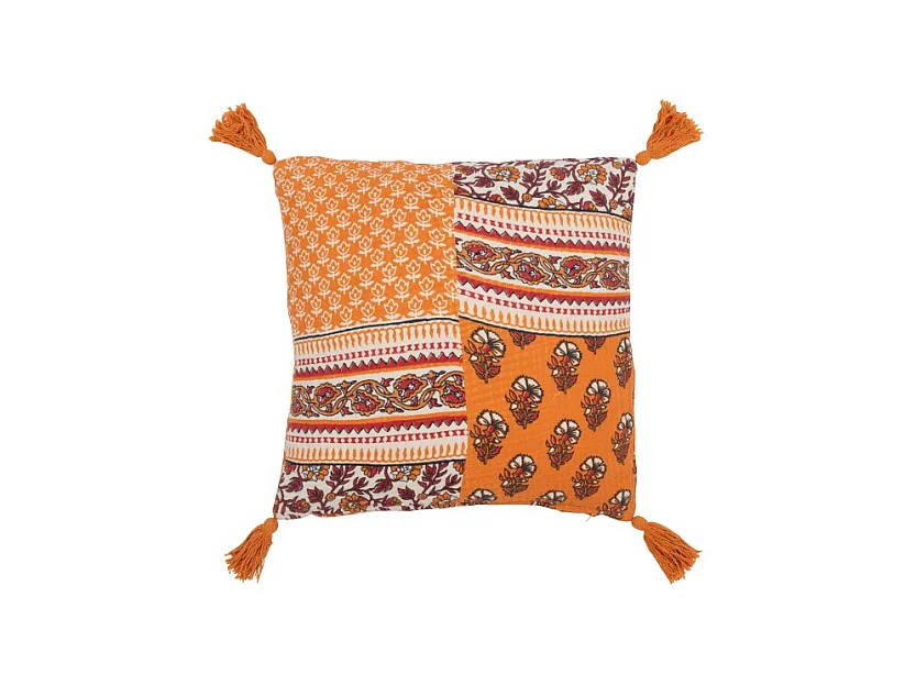 Cojín Flores+Flecos de Algodón Naranja 45x45x12 cm