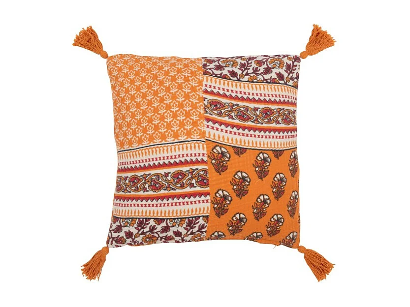 Cojín Flores+Flecos de Algodón Naranja 45x45x12 cm