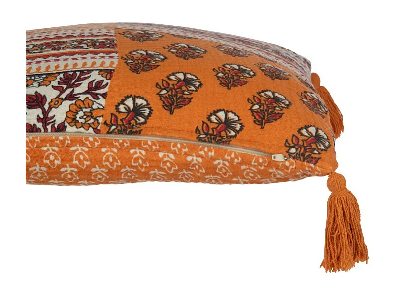 Cojín Flores+Flecos de Algodón Naranja 45x45x12 cm