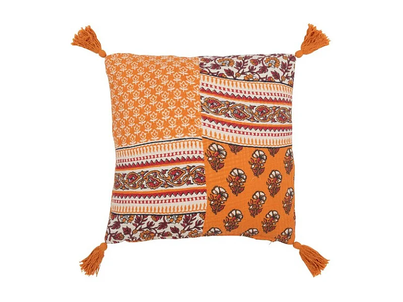 Cojín Flores+Flecos de Algodón Naranja 45x45x12 cm