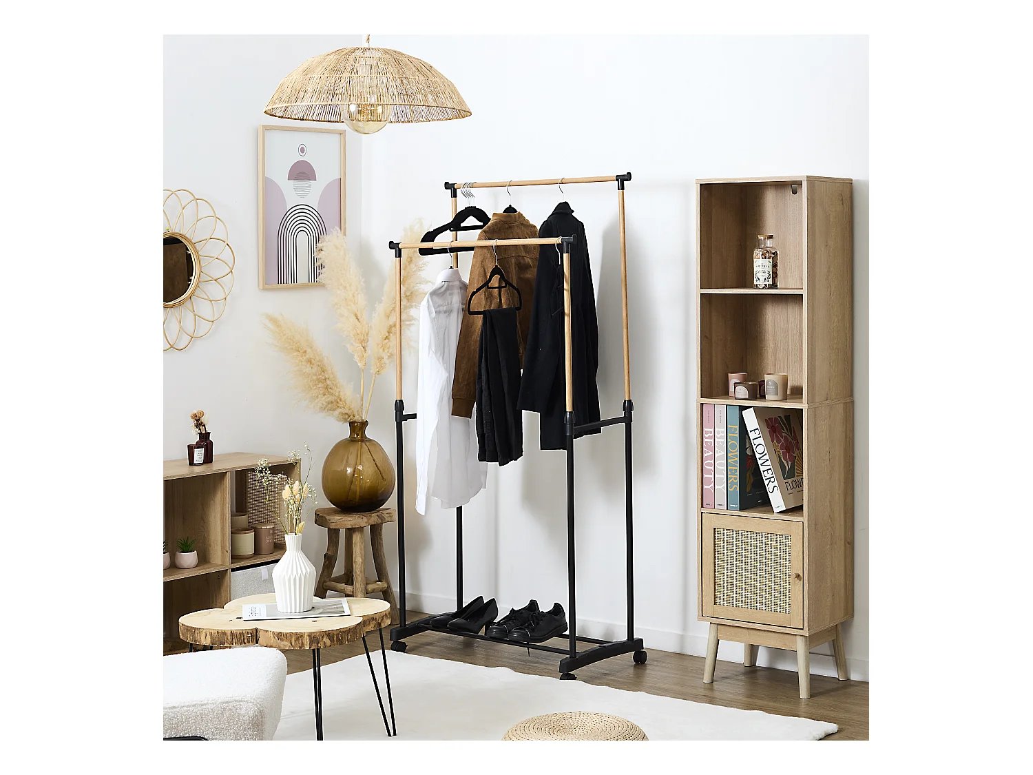 Portant Double Effet Bois Roulette Noir