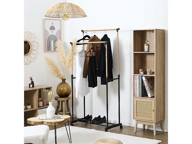 Portant Double Effet Bois Roulette Noir