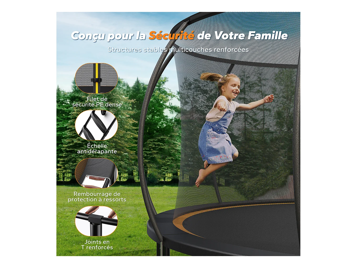 Trampoline Extérieur MERACH, Ø 305 cm, avec filet de protection, Jeu en plein air sécurisé, structure stable, Jusqu'à 150kg