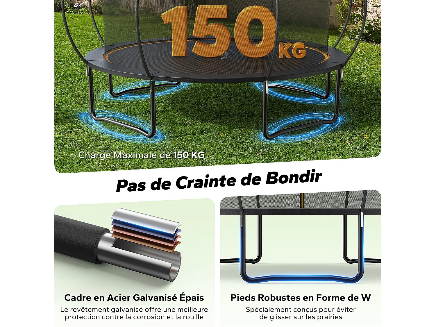 Trampolín de jardín MERACH Ø305 cm, cama elástica segura con red, estructura estable, hasta 150 kg, exterior