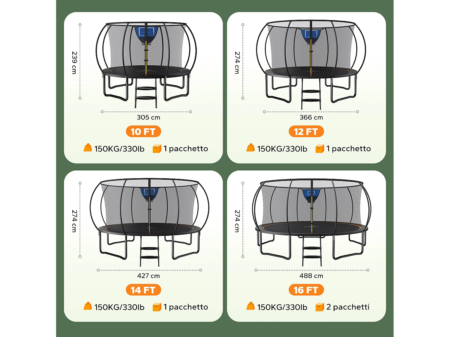 MERACH Trampoline Ø366 cm voor Buiten – Versterkt Frame met Verzinkt Staal – Inclusief Veiligheidsnet & Basketbalring – Tot 150 kg – Voor Familiegebruik
