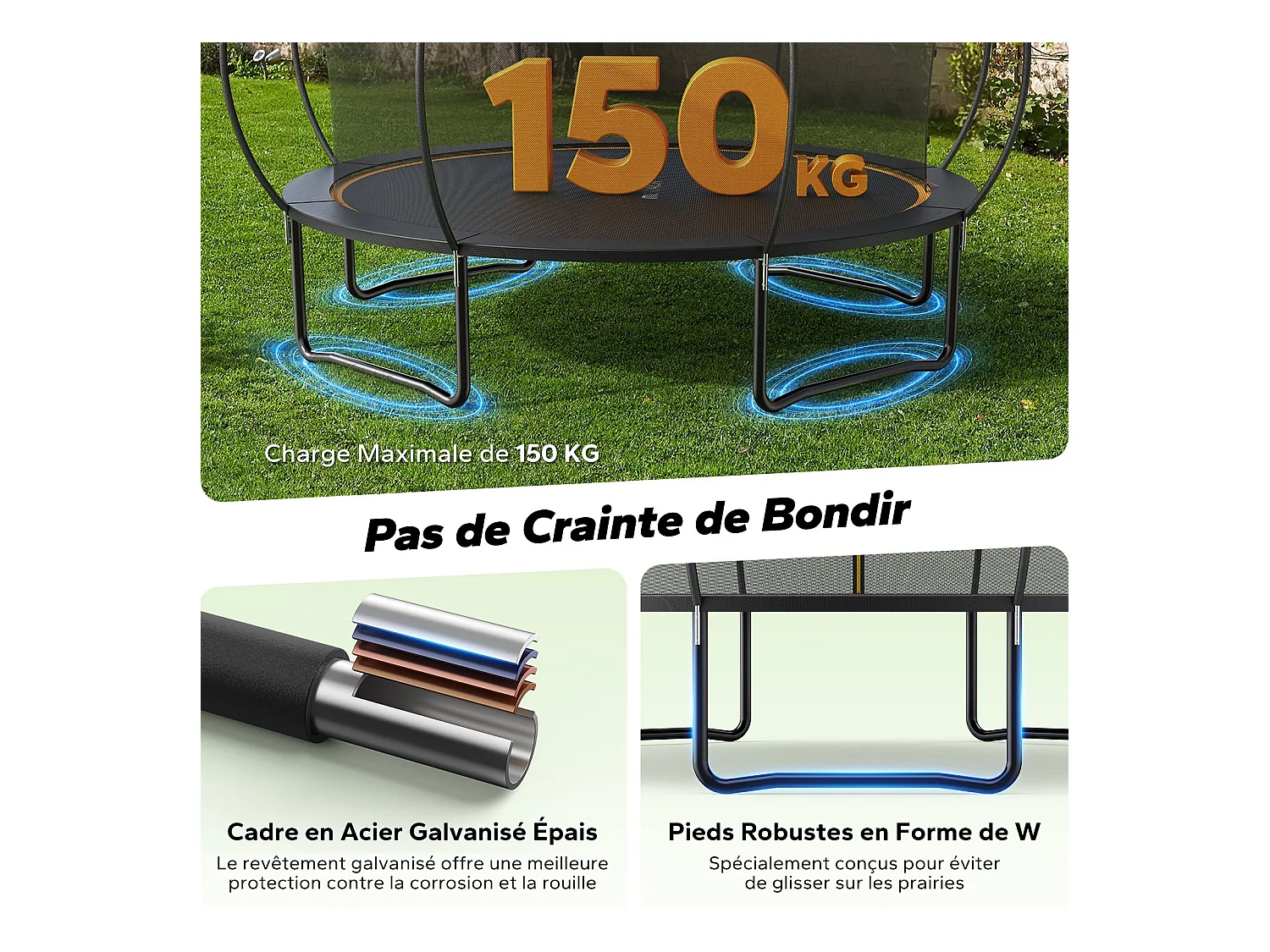 Trampoline de jardin MERACH, Ø 427cm, Filet de sécurité inclus, idéal pour jeu extérieur, rebond puissant et stable, Jusqu'à 150kg