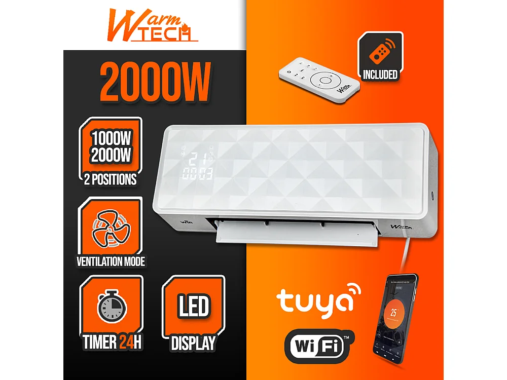 Radiateur soufflant céramique mural 2000W avec télécommande et connexion Wifi - Warm tech