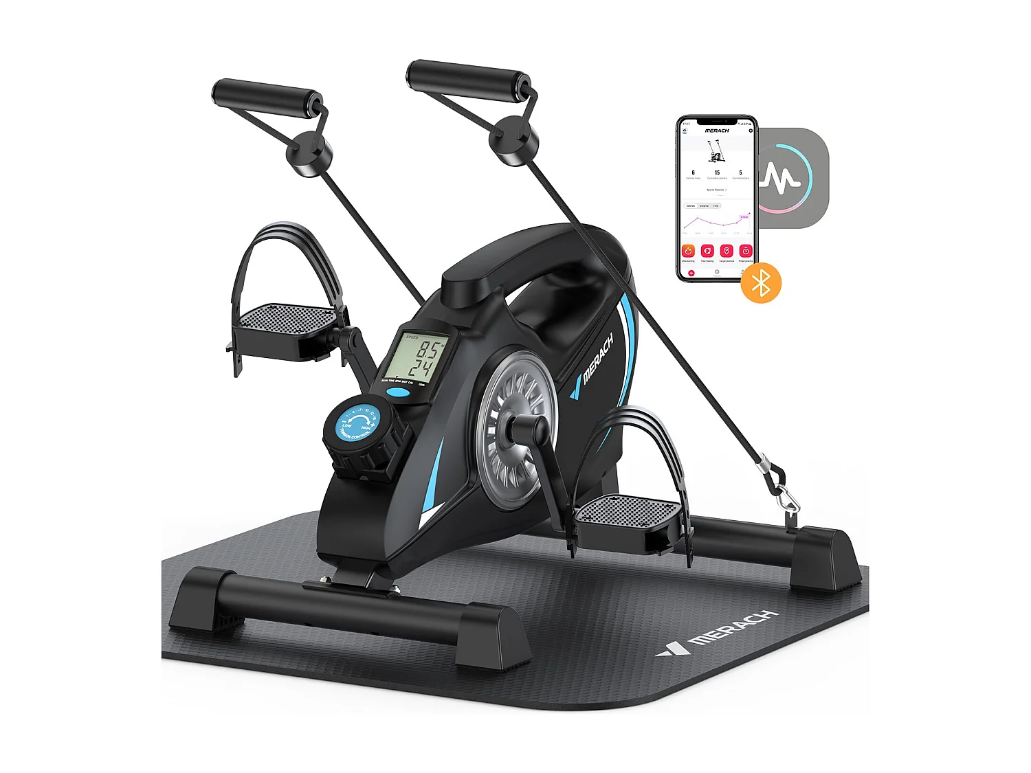 Pédalier D'appartement Merach - Mini Bike - Connectivité Bluetooth - Tapis Antidérapant - Double Usage