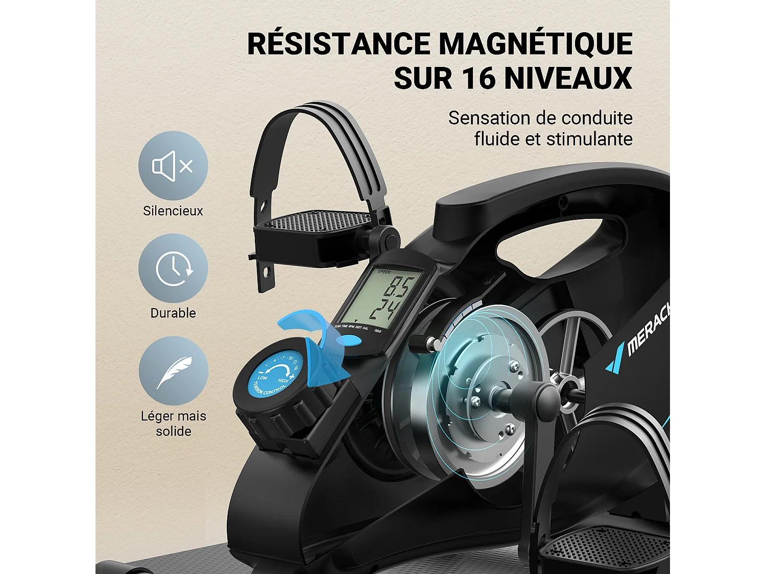 Pédalier D'appartement Merach - Mini Bike - Connectivité Bluetooth - Tapis Antidérapant - Double Usage