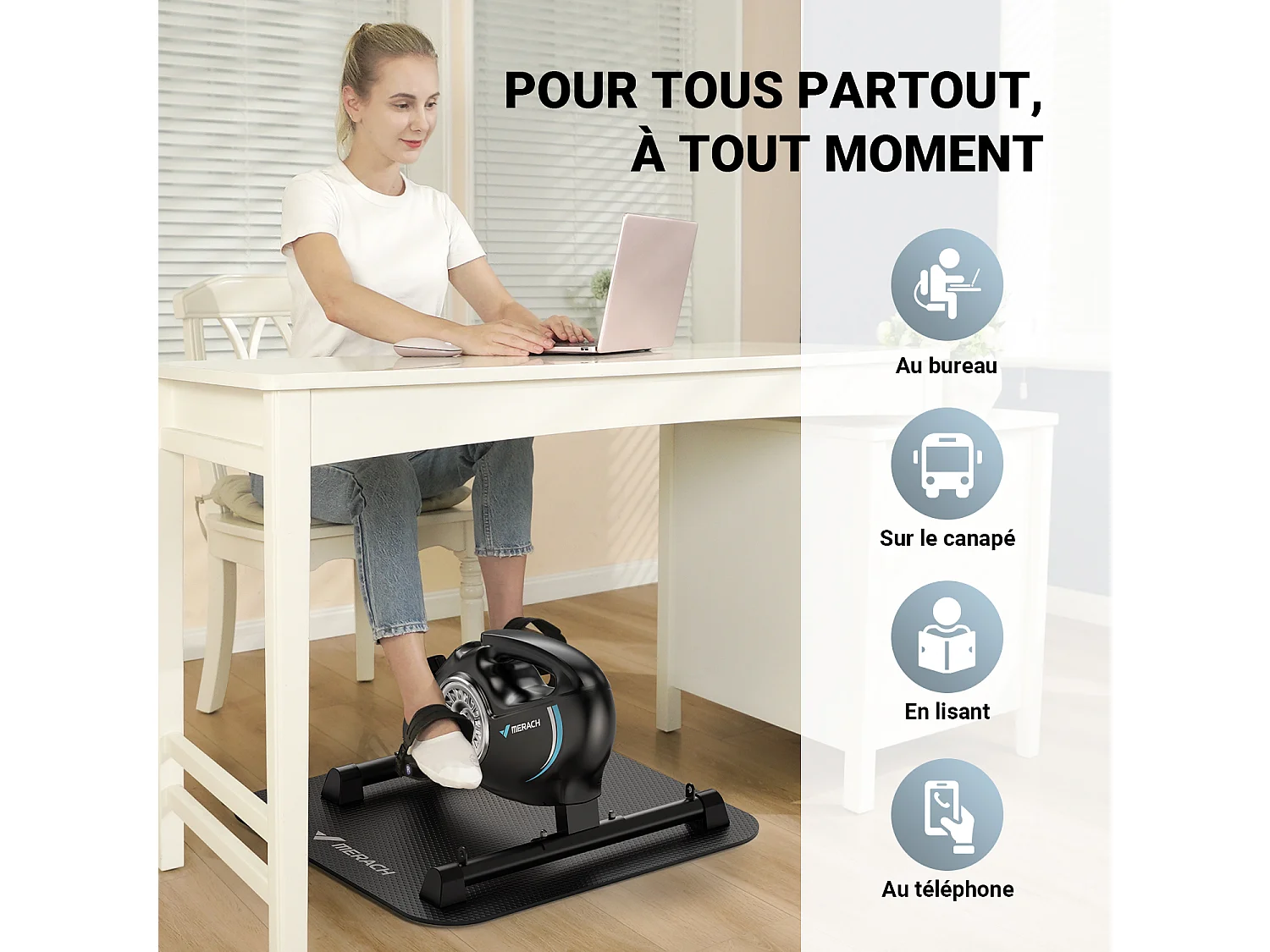 Pédalier D'appartement Merach - Mini Bike - Connectivité Bluetooth - Tapis Antidérapant - Double Usage