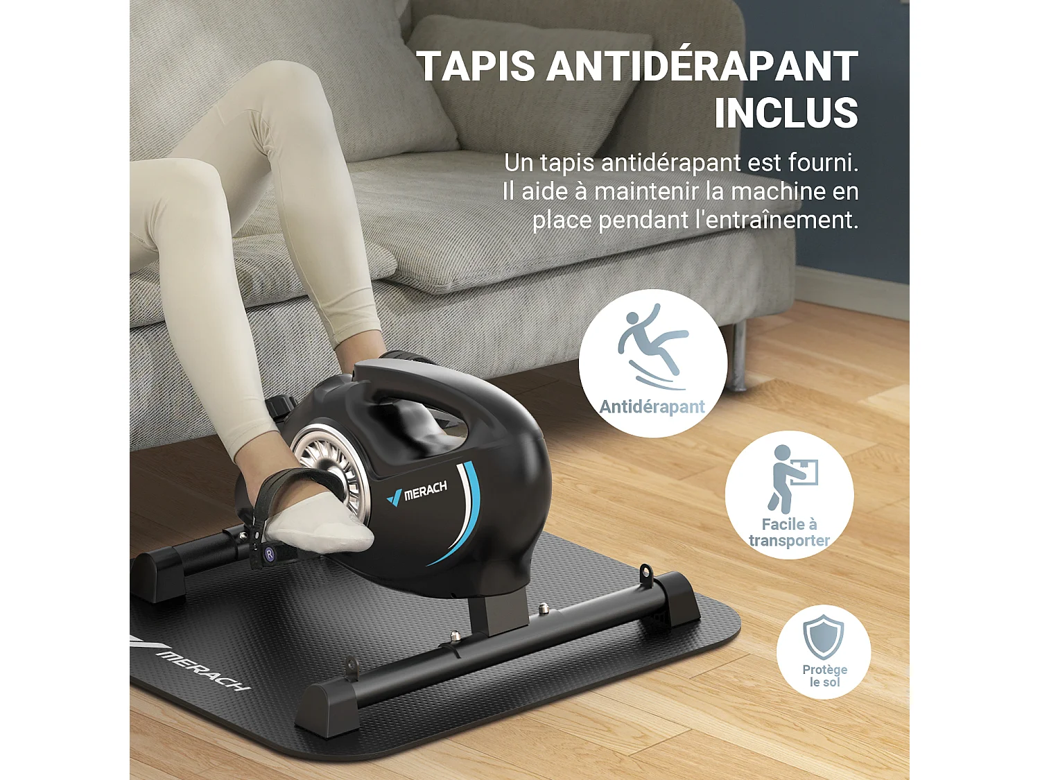 Pédalier D'appartement Merach - Mini Bike - Connectivité Bluetooth - Tapis Antidérapant - Double Usage