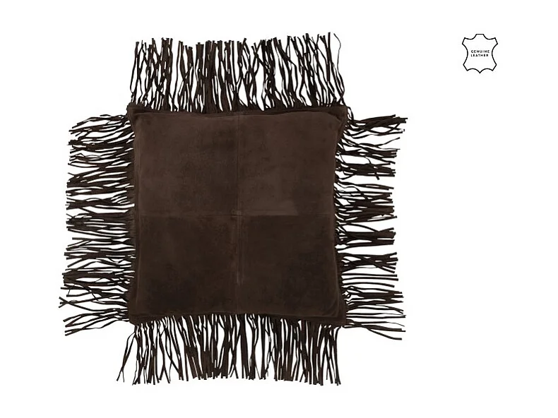 Cojín con flecos de cuero marrón 45x45x8 cm