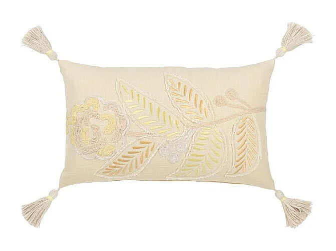 Cojín rectangular flor + flecos en algodón/lino/poliéster amarillo claro 50x30x15 cm