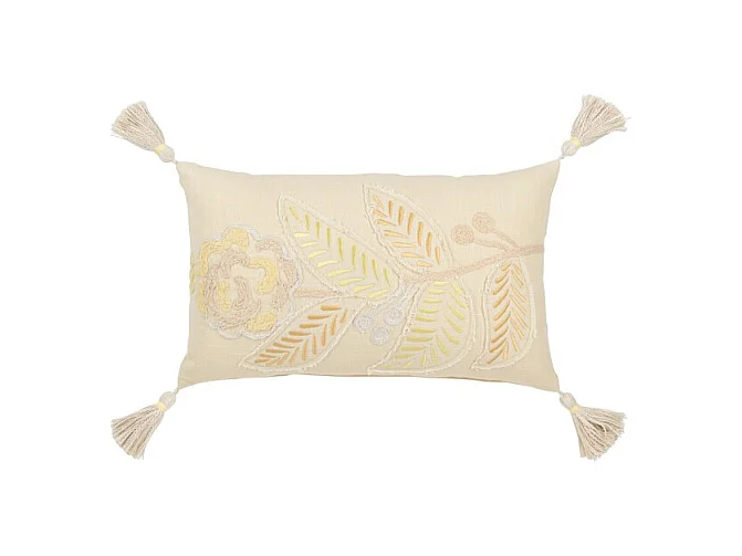 Cojín rectangular flor + flecos en algodón/lino/poliéster amarillo claro 50x30x15 cm