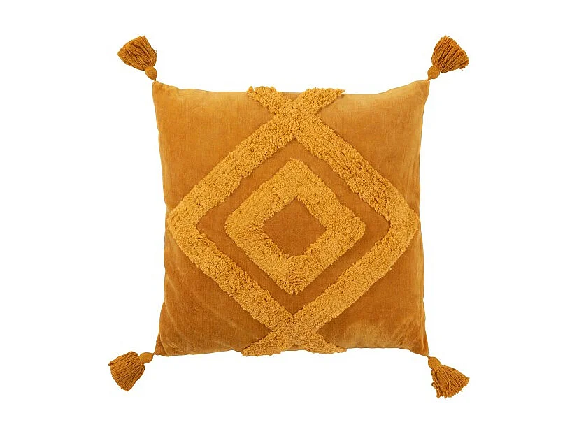 Cojín cuadrado con borlas de algodón ocre 63x63x12 cm