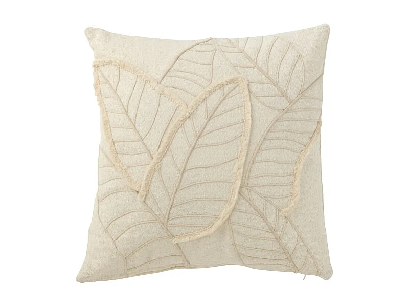 Cojín cuadrado con motivos de hojas en tela blanca 43x43x10 cm.