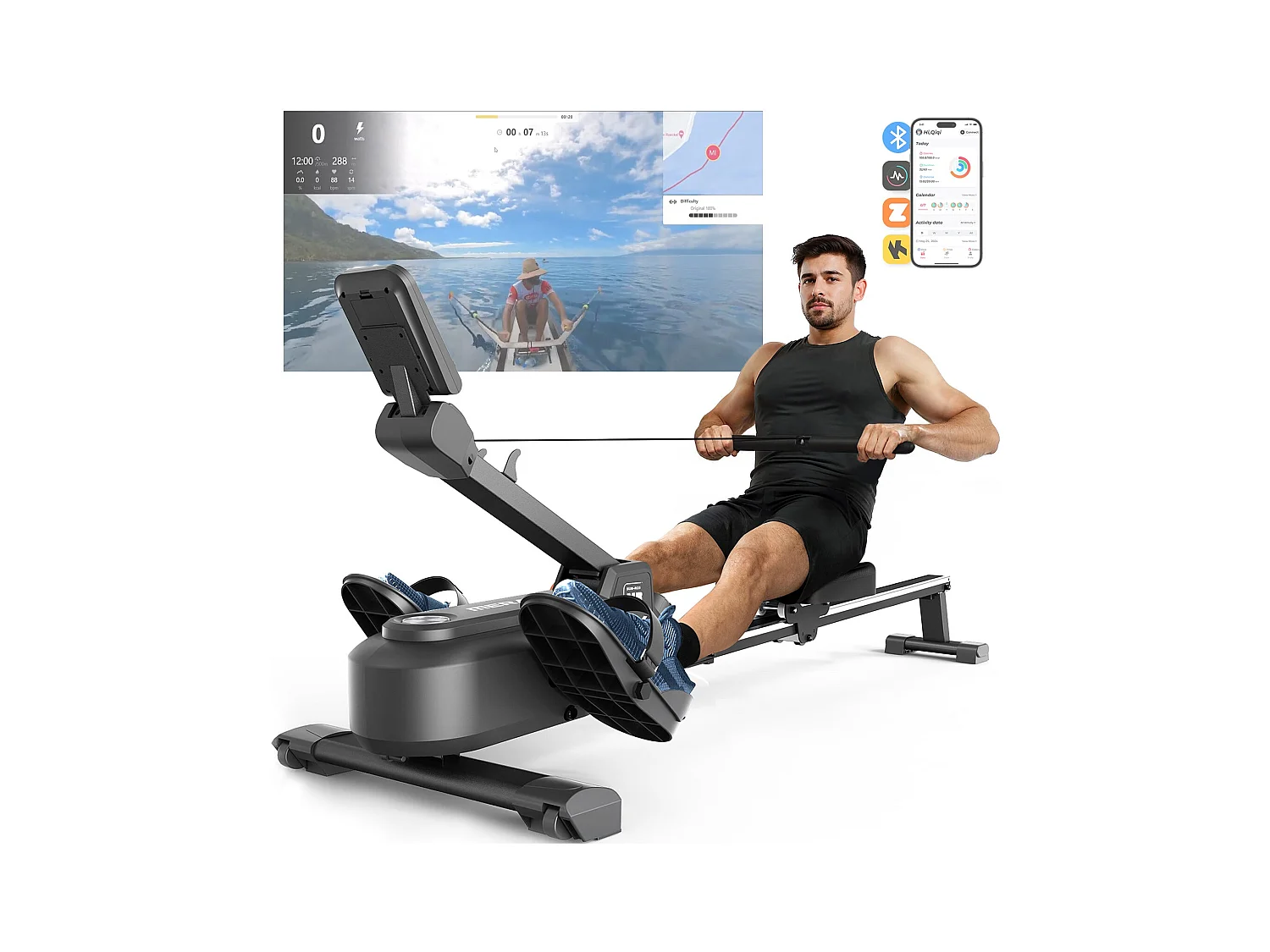 Rameur Magnétique MERACH, 16 Niveaux de Résistance, Usage Maison/Appartement, Pliable, Écran LCD, Connecté Kinomap, Max Charge 150 kg