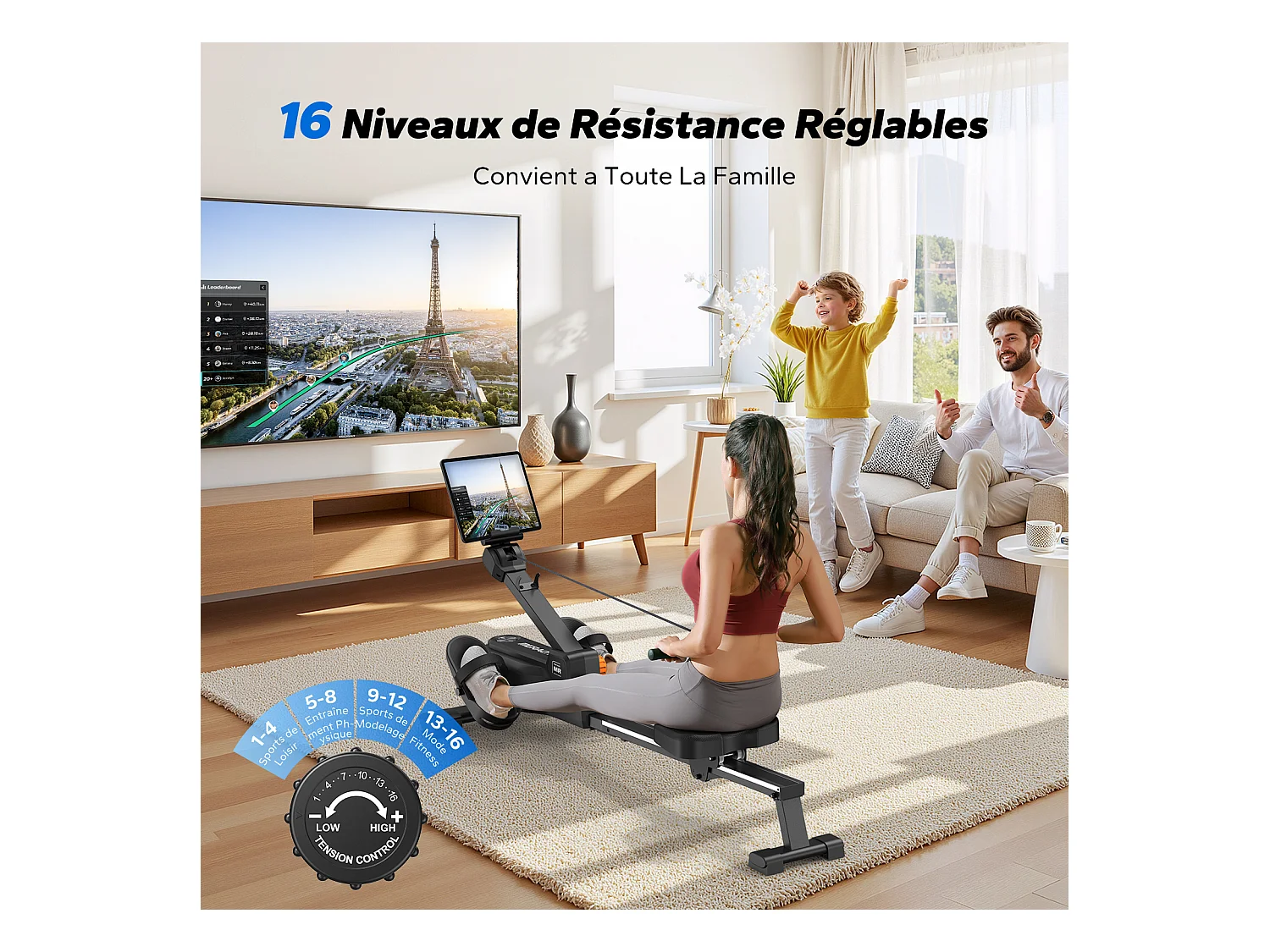 Rameur Magnétique MERACH, 16 Niveaux de Résistance, Usage Maison/Appartement, Pliable, Écran LCD, Connecté Kinomap, Max Charge 150 kg