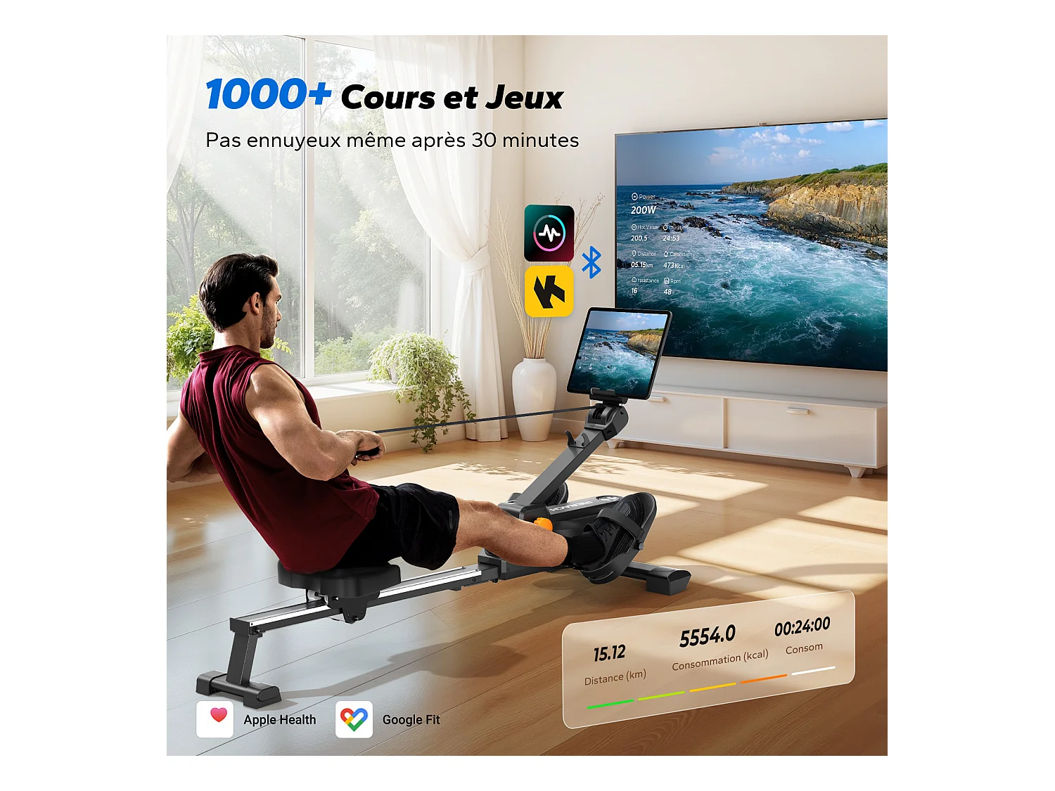 Rameur Magnétique MERACH, 16 Niveaux de Résistance, Usage Maison/Appartement, Pliable, Écran LCD, Connecté Kinomap, Max Charge 150 kg