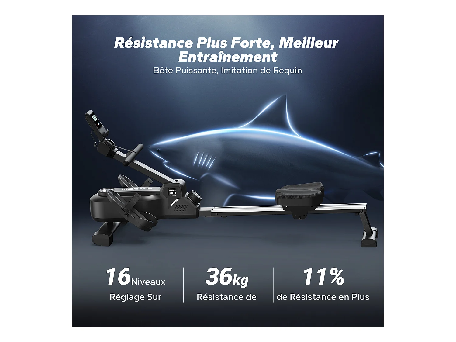 Rameur Magnétique MERACH, 16 Niveaux de Résistance, Usage Maison/Appartement, Pliable, Écran LCD, Connecté Kinomap, Max Charge 150 kg
