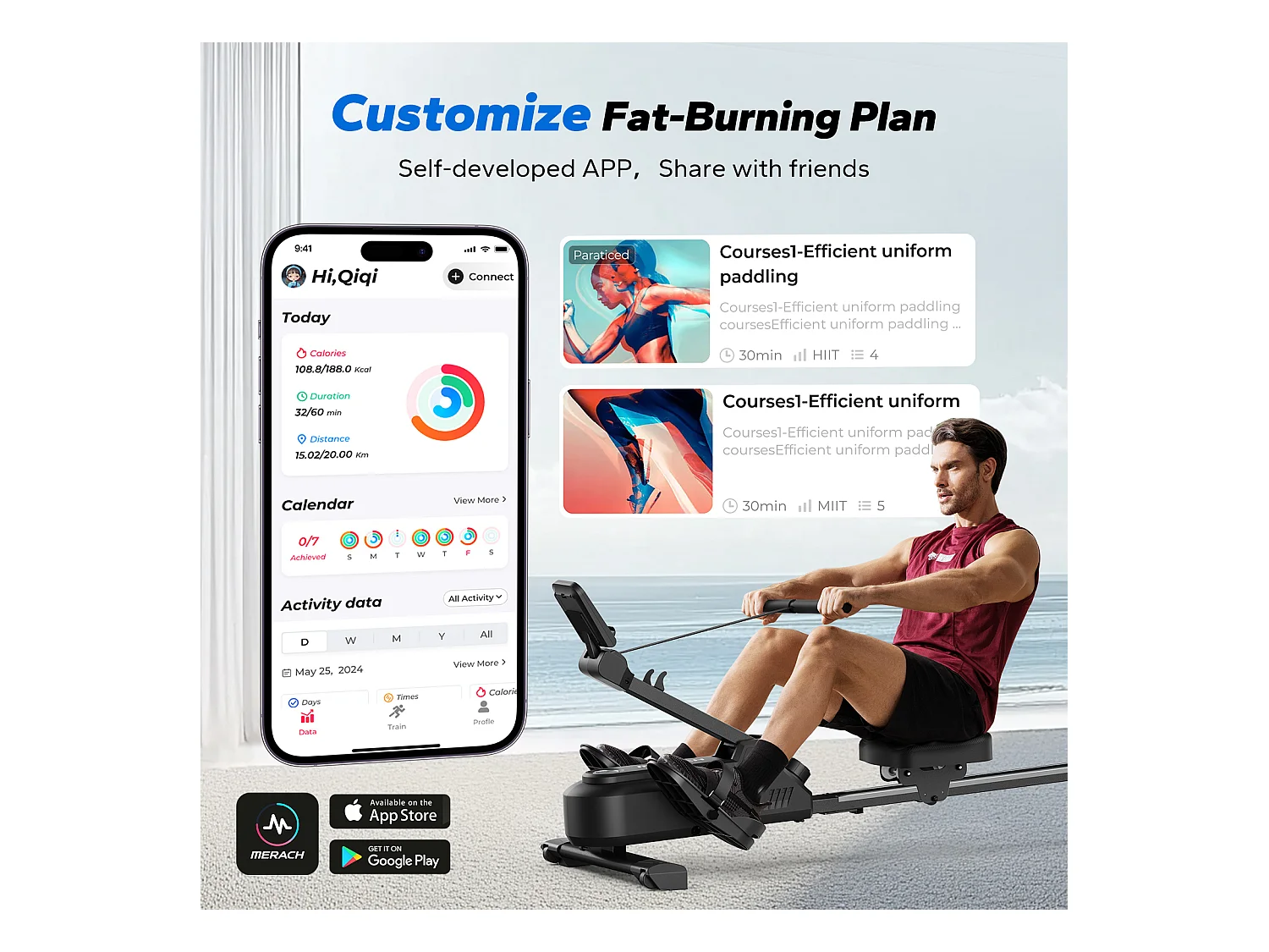 Rameur Magnétique MERACH, 16 Niveaux de Résistance, Usage Maison/Appartement, Pliable, Écran LCD, Connecté Kinomap, Max Charge 150 kg