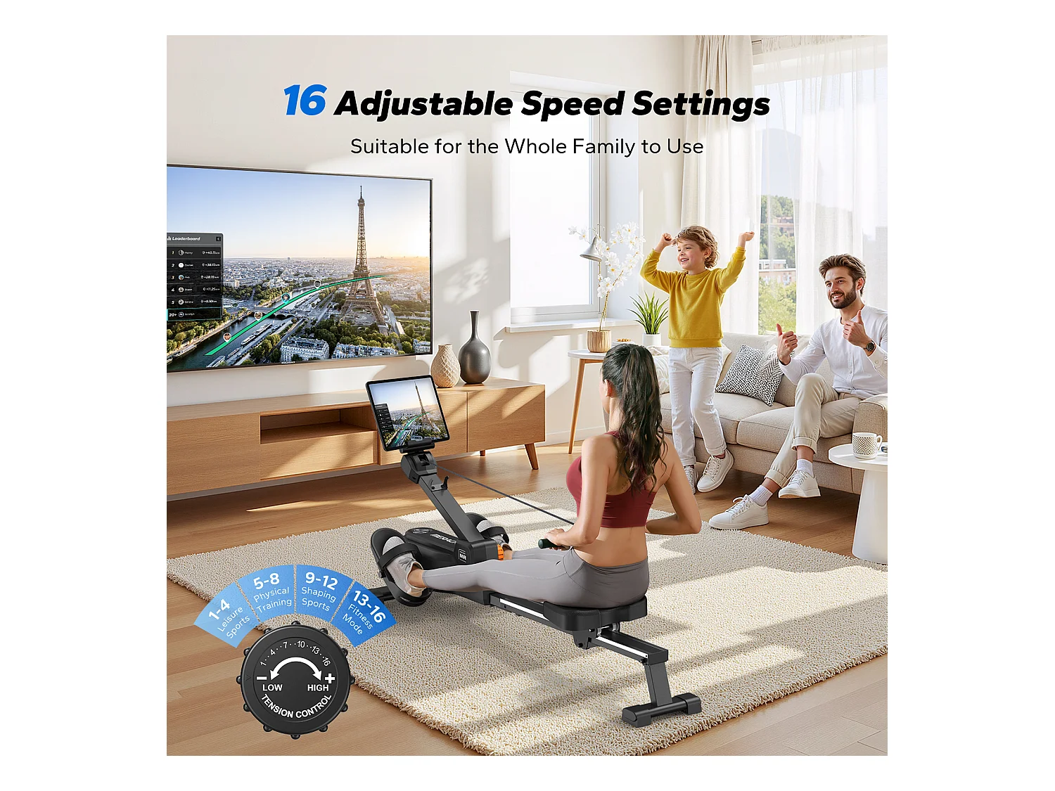 Rameur Magnétique MERACH, 16 Niveaux de Résistance, Usage Maison/Appartement, Pliable, Écran LCD, Connecté Kinomap, Max Charge 150 kg