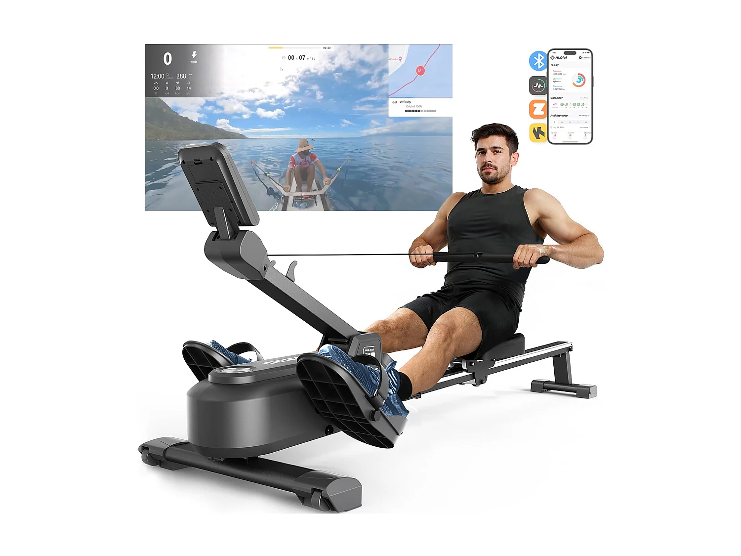 Rameur Magnétique MERACH, 16 Niveaux de Résistance, Usage Maison/Appartement, Pliable, Écran LCD, Connecté Kinomap, Max Charge 150 kg