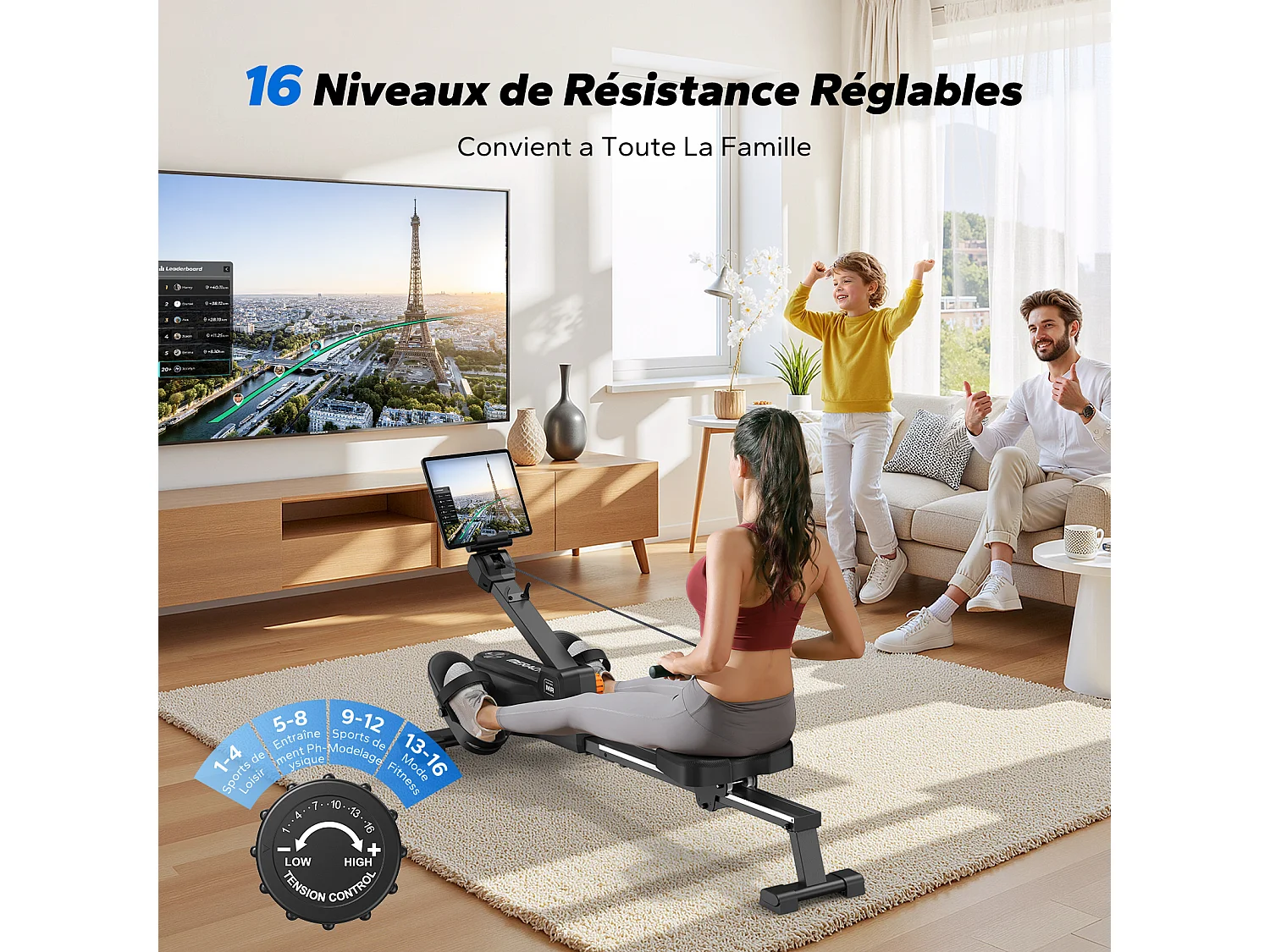 Rameur Magnétique MERACH, 16 Niveaux de Résistance, Usage Maison/Appartement, Pliable, Écran LCD, Connecté Kinomap, Max Charge 150 kg