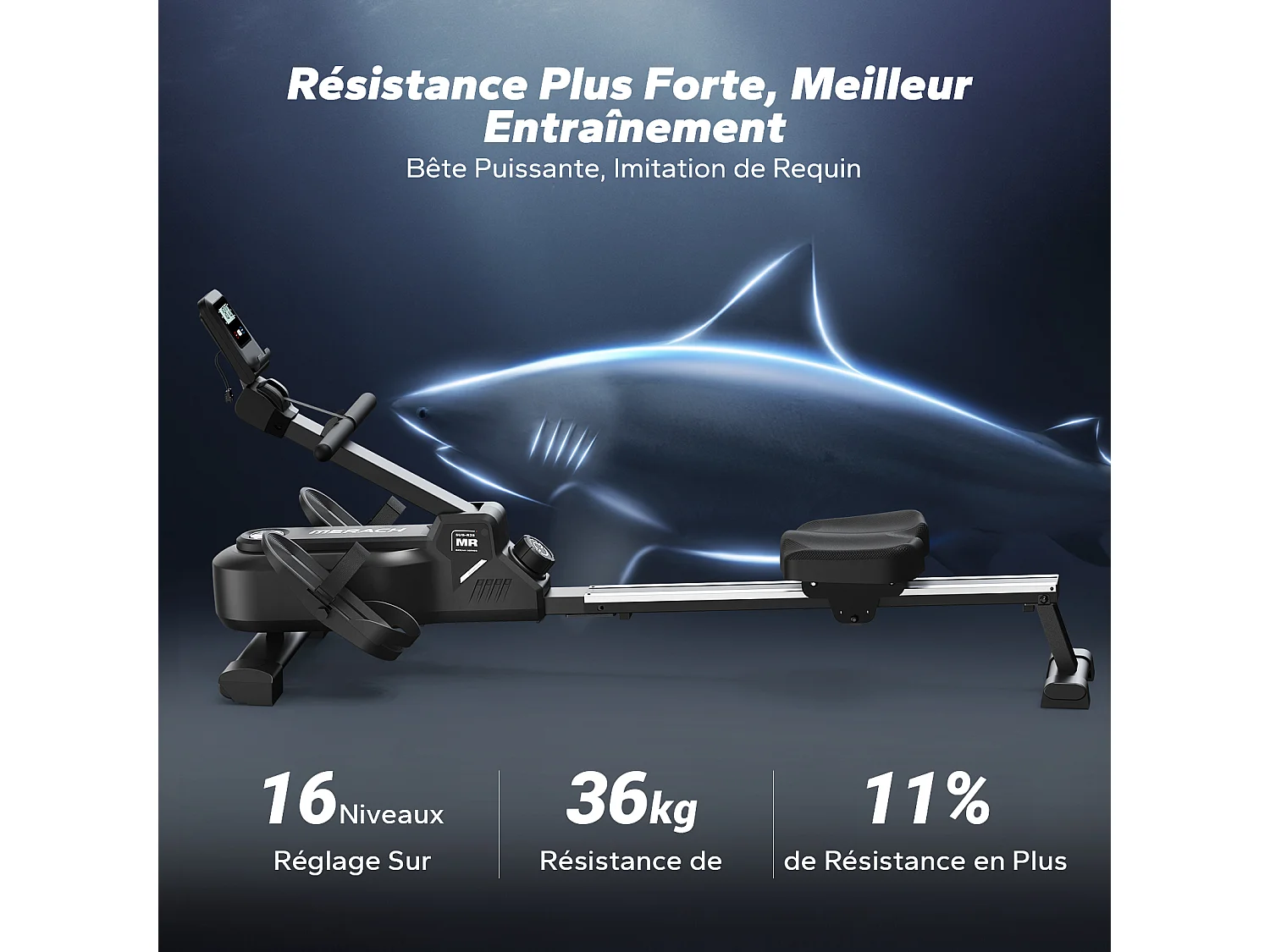 Rameur Magnétique MERACH, 16 Niveaux de Résistance, Usage Maison/Appartement, Pliable, Écran LCD, Connecté Kinomap, Max Charge 150 kg