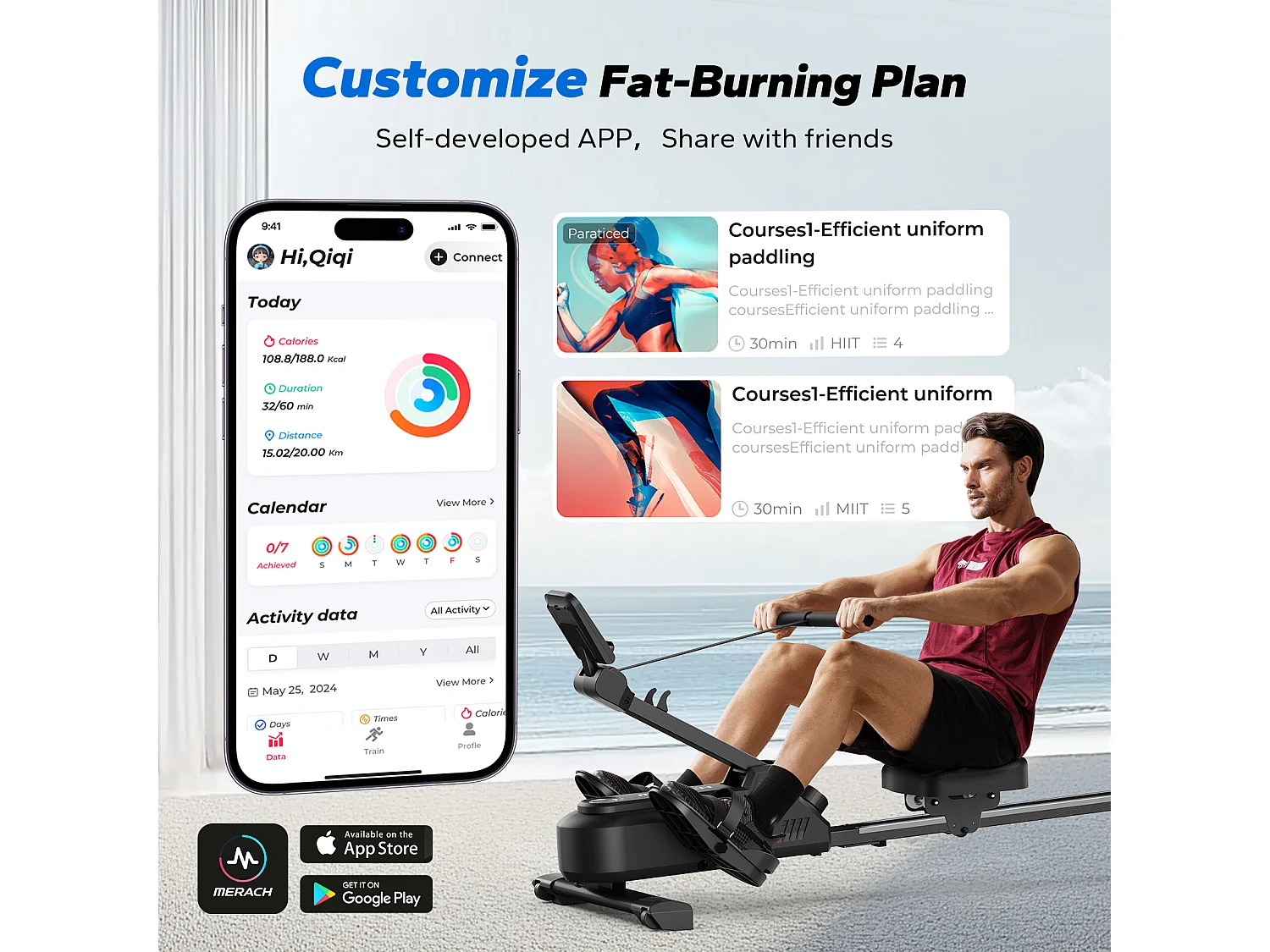 Rameur Magnétique MERACH, 16 Niveaux de Résistance, Usage Maison/Appartement, Pliable, Écran LCD, Connecté Kinomap, Max Charge 150 kg