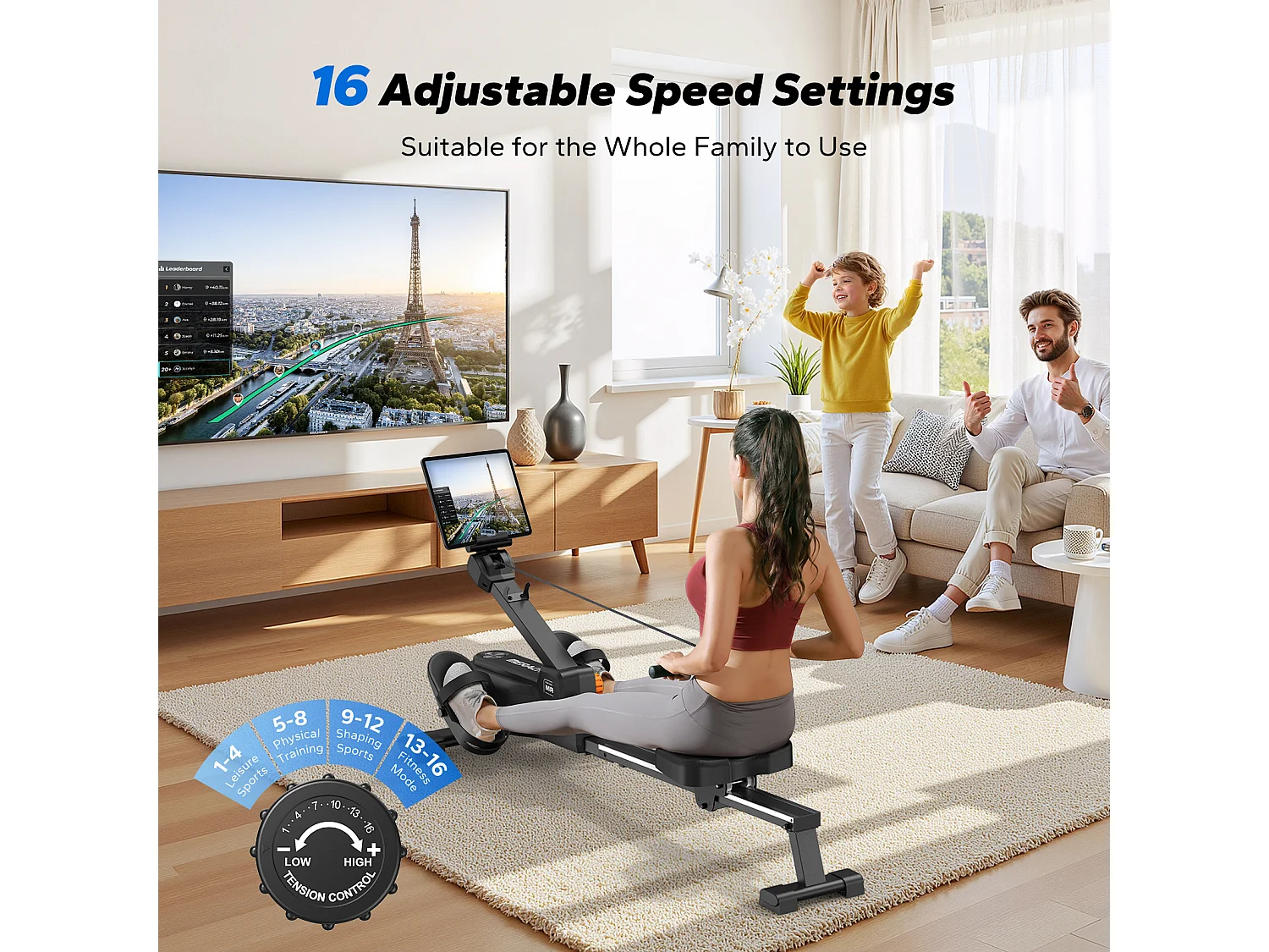 Rameur Magnétique MERACH, 16 Niveaux de Résistance, Usage Maison/Appartement, Pliable, Écran LCD, Connecté Kinomap, Max Charge 150 kg