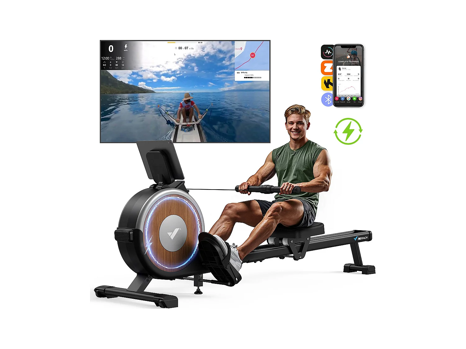 Rameur magnétique écologique-Merach, 16 niveaux de résistance, réglage intelligent, Compatible avec APP, Auto-alimenté