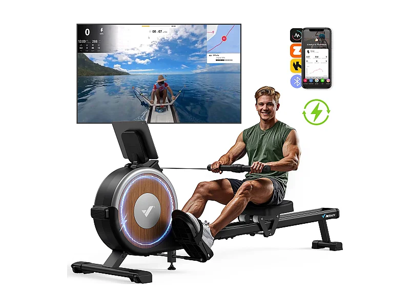Rameur magnétique écologique-Merach, 16 niveaux de résistance, réglage intelligent, Compatible avec APP, Auto-alimenté