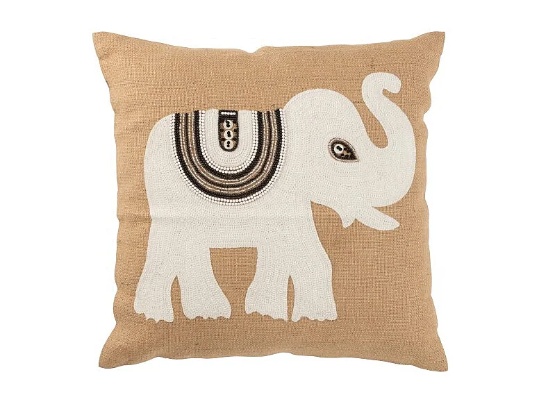 Cojín con elefante blanco de algodón beige de 60x60x12 cm