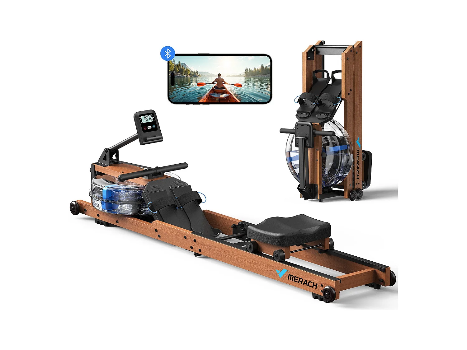 Rameur À Eau Pliable Merach, 6 Niveaux De Résistance, Bois Massif, Compatible Kinomap & Zwift, Entraînement Connecté À Domicile