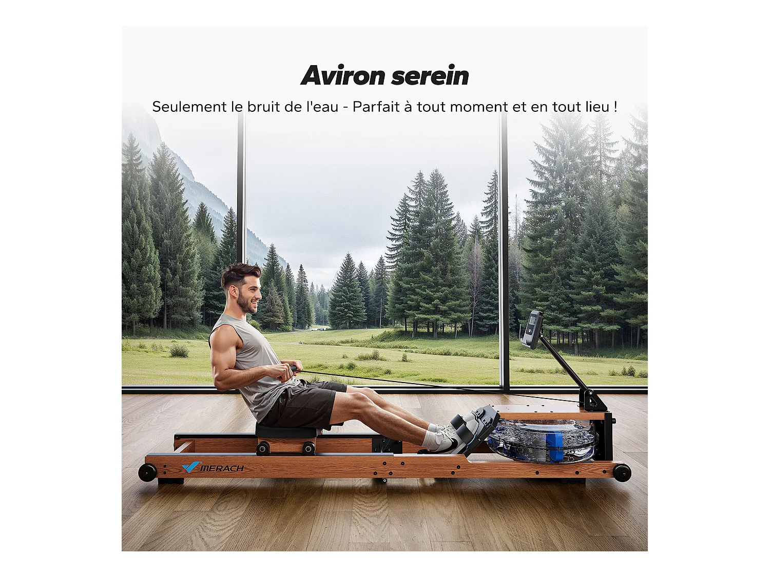 Rameur À Eau Pliable Merach, 6 Niveaux De Résistance, Bois Massif, Compatible Kinomap & Zwift, Entraînement Connecté À Domicile