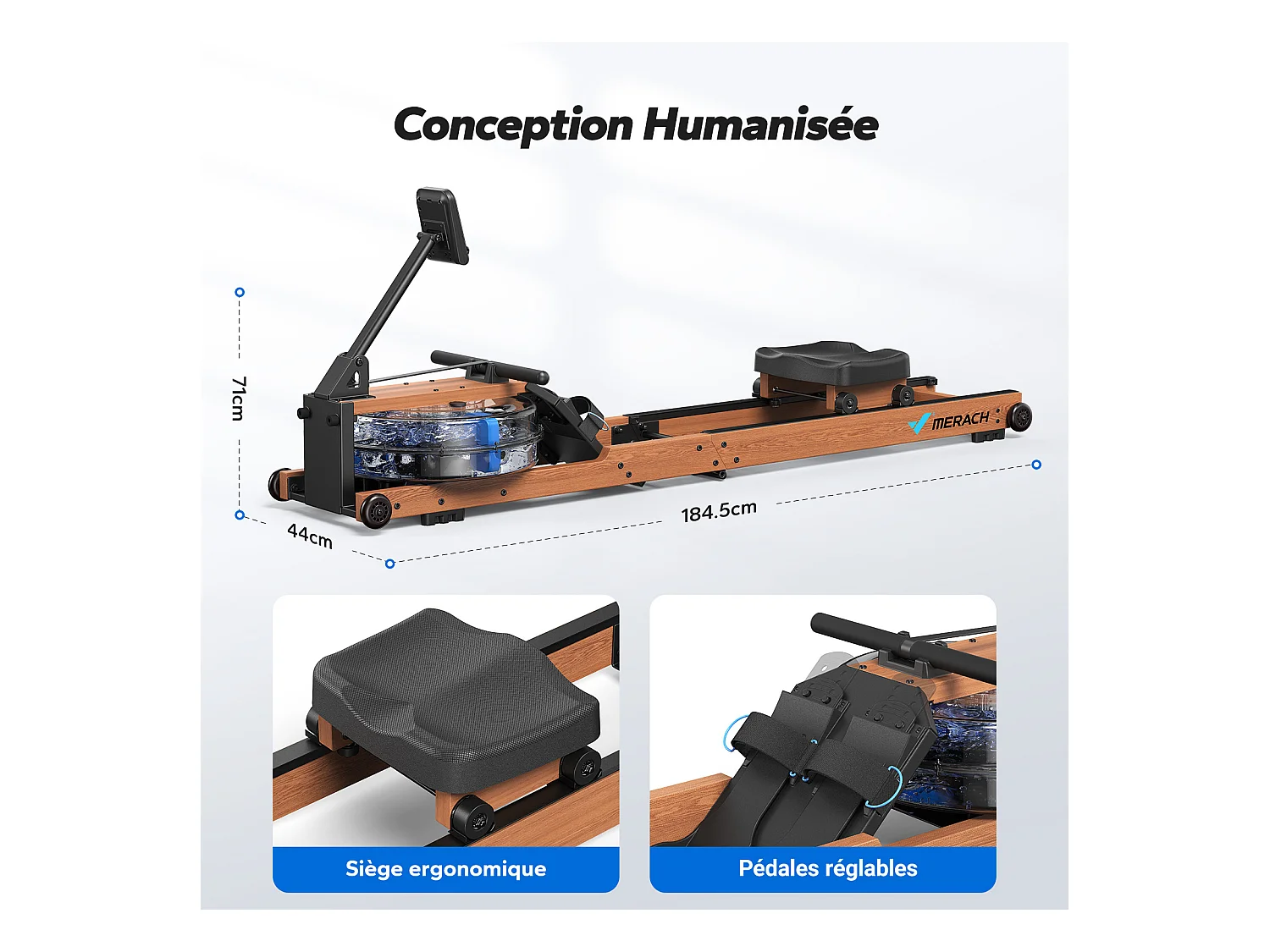 Rameur À Eau Pliable Merach, 6 Niveaux De Résistance, Bois Massif, Compatible Kinomap & Zwift, Entraînement Connecté À Domicile